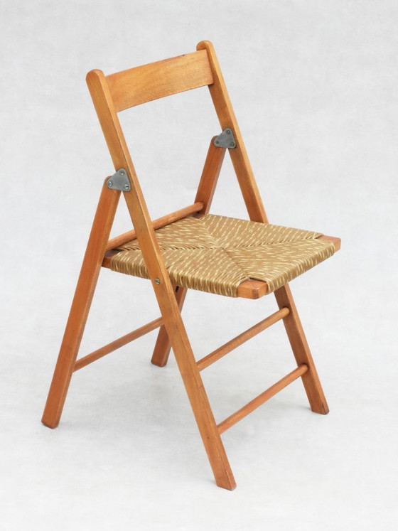 Sedie pieghevoli vintage francesi in faggio, anni '70, set di 6, Legno, Rattan, Beige (foto 2 di 9)