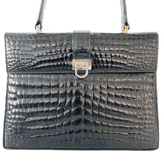 Image 1 of Sac à main vintage Vimar Paris en cuir verni noir imprimé crocodile, années 1960