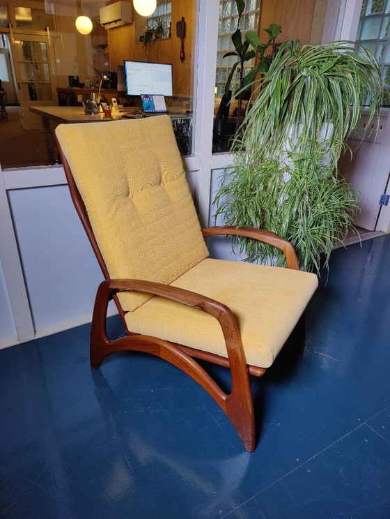 Vintage 50s/60s De Ster Gelderland Armchair, Wood, Textile, Brown, Mid Century Modern (photo 12 of 13)