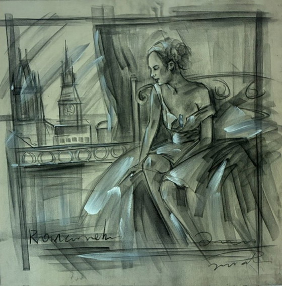 Mixed Media Conté, Gouache Chalk Drawing – Paintings & Drawings, Canvas (photo 9 of 11)