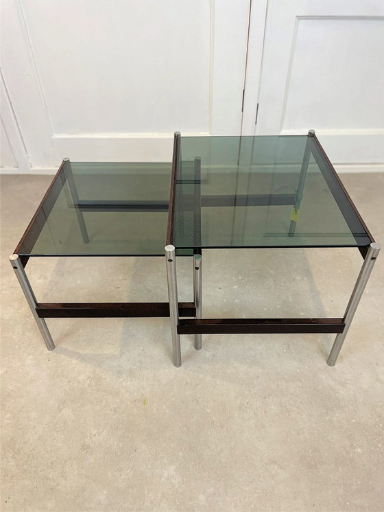 Image 1 of Ensemble de tables d'appoint vintage Thereca – chrome, palissandre et verre fumé