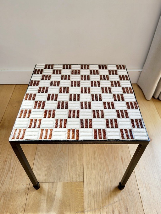 Vintage plant table with tiled mosaic top in shades of brown, 1960s