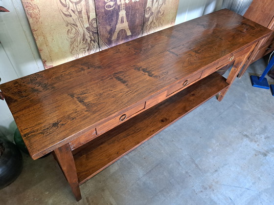 Image 1 of Klassieke Geleefde Teakhouten Sidetable, Wandconsole, Haltafel, Afmetingen 180 x 45 cm en 80 cm Hoog