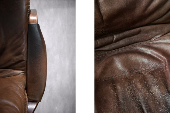 Image 1 of Vintage Mid-Century Danish Modern Brown Leather Adjustable Easy Chair & Ottoman Set from Berg Furniture, 1970s, Set of 2