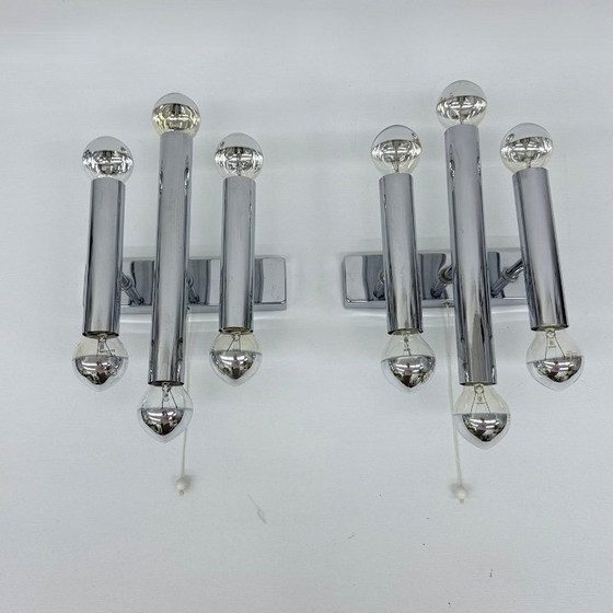 Image 1 of Paar Gaetano Sciolari Wandlampen Leuchter Chrom Rohr , 1970er Jahre