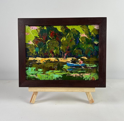 Original Oil Painting Summer River Landscape Calm on the water
