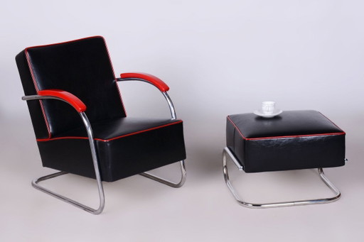 Restaurierter Bauhaus-Sessel mit Fußhocker, von Mücke-Melder, Stahl, Tschechien, 1930er Jahre – fauteuils, Metal