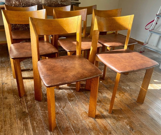 Image 1 of Set aus 8 brutalistischen Eichenholz-Esszimmerstühlen, Mauro Pasquinelli „Maria“ für Pallavisini, Italien, 1970er Jahre