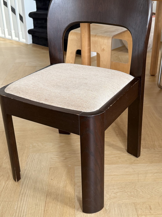 1x vintage design brutalist houten stoel met stoffen zitting in – Eetkamerstoelen, Textile, Wood (photo 6 of 6)