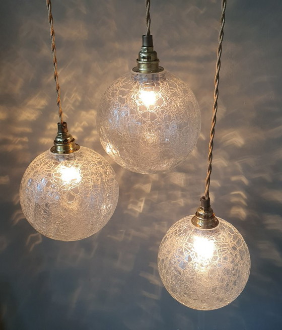 Set (3) Vintage Crackle Glass Sfera / Lampade a sospensione - Midcentury – Metal (photo 12 of 21)