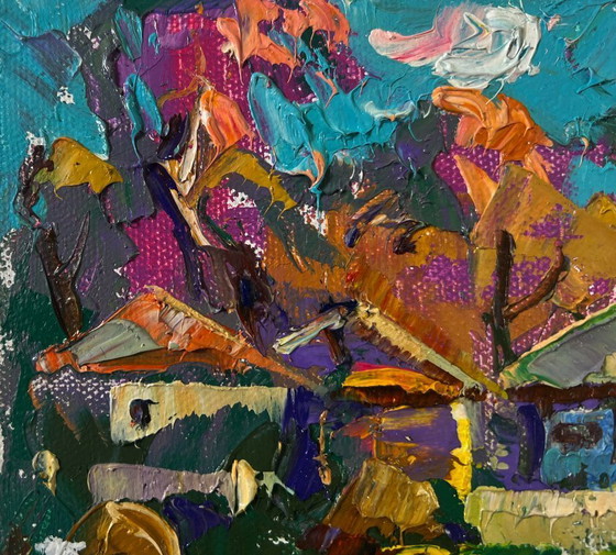 Image 1 of Original Oil Painting Colorful Village Landscape First morning of spring