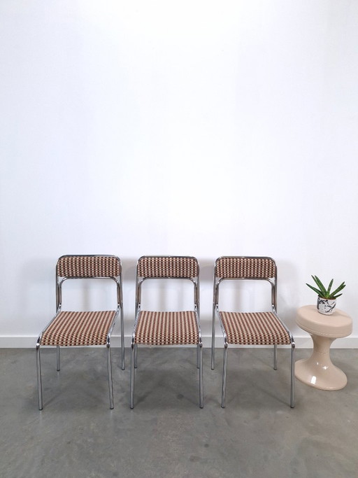 Set Space Age 3x Sedie da pranzo Bauhaus con struttura tubolare cromata