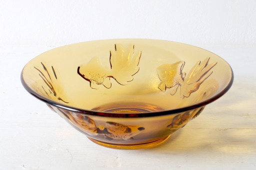 Bol de cristal ámbar vintage con relieve de peces / República Checa / Década de 1980