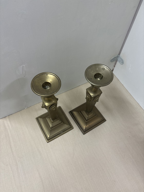 Image 1 of Vintage set of two empire style lion's head antique candlesticks