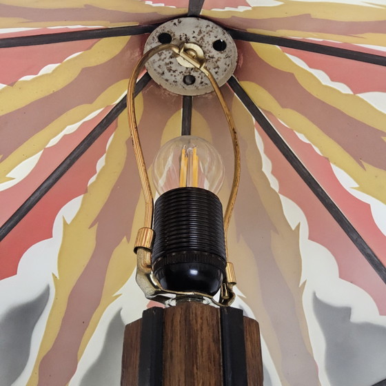 Image 1 of Amsterdam School / Art Deco floor lamp stained glass shade (geometric design) oak base