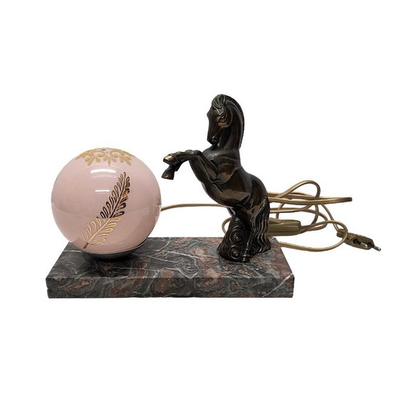 Lampe Art Déco française avec cheval, Marbre, Verre, Marron, Art Deco (photo 6 sur 6)