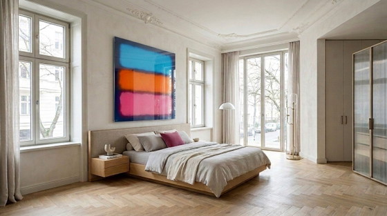 Abstract color field painting in baby blue, orange, and pink | Fluorescent style | XXL 0.5 cm acrylic glass (photo 2 of 4)
