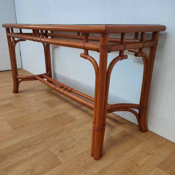Image 1 of Vintage Rattan Side Table with Glass Top