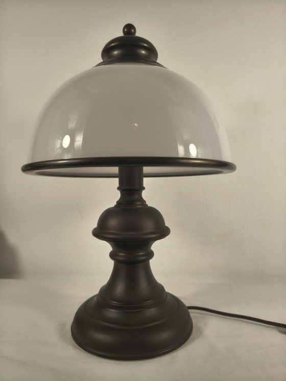 Image 1 of Vintage mushroom tafellamp – opaalglas koepel – messing voet – 55 cm