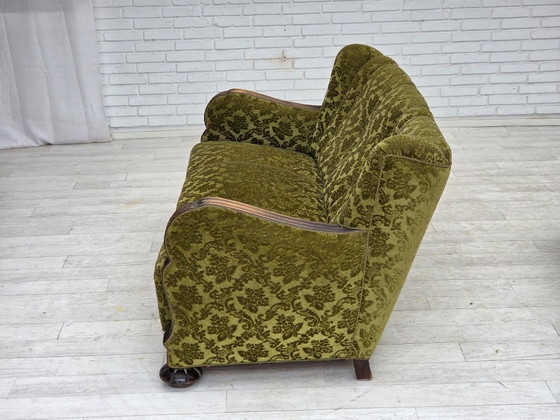 Image 1 of 1960s, Danish 3-seater sofa, furniture velour, carved oak wood.