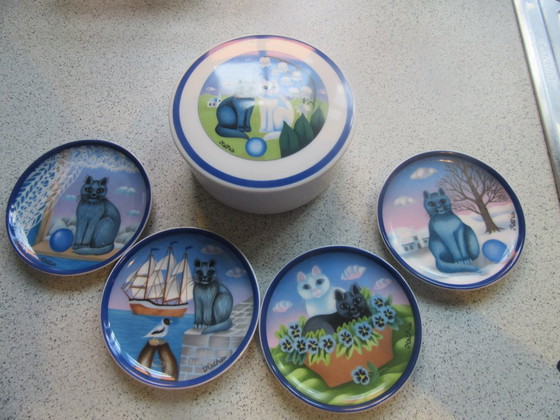 Ensemble de 4 plateaux à bijoux Arzberg Germany avec pot à couvercle, motif chat par Kathia. Vintage (photo 13 of 17)