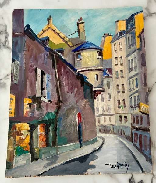Antique oil painting on hardboard, Paris, rue de l'Hôtel de Ville