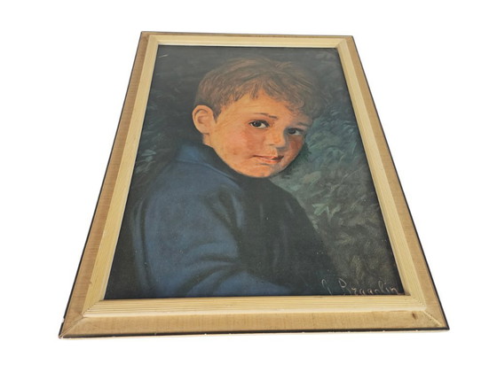Image 1 of Giovanni Bragolin - Estampe en carton - Garçon à la larme - Vintage - Années 70