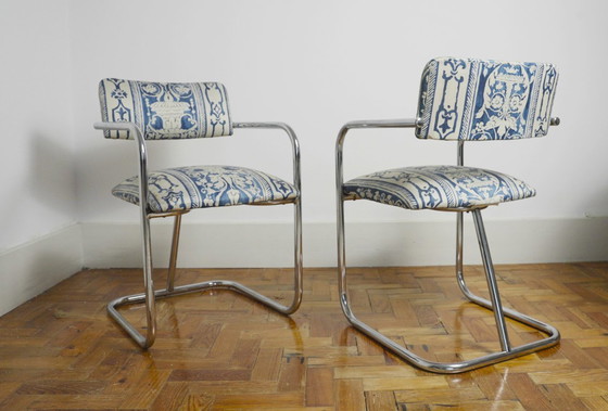 Image 1 of Bauhaus Cantilever Chairs, Portuguese Blue and White Tile Azulejo Upholstery Dining Chairs, Chromed Steel Frame Seating Set of 2