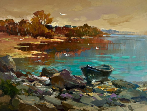 Dipinto ad olio originale, paesaggio costiero autunnale, uccelli in volo sul fiume.