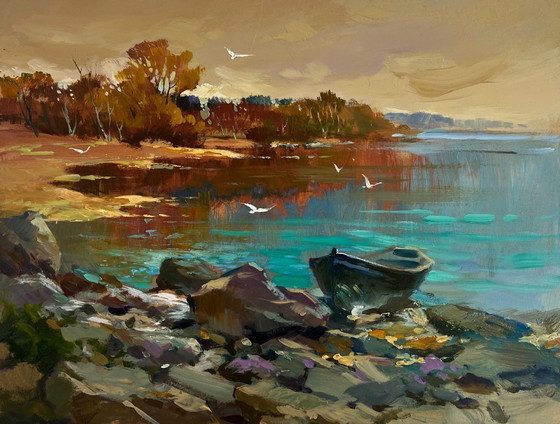 Image 1 of Original Oil Painting Autumn Coastal Landscape Birds fly over the river