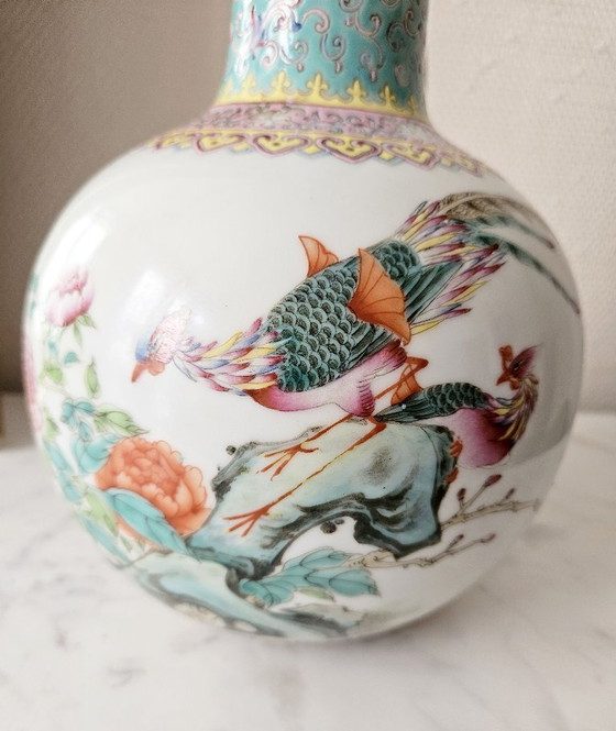 Image 1 of Large Chinese Porcelain Vase Lamp with Phoenix and Peony Decoration, Qianlong Style Calligraphy, H36cm, Excellent Condition