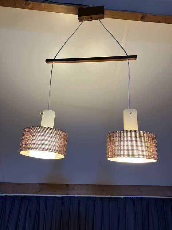 Image 1 of Vintage Scandinavische hanglamp met teak hout en houten kap