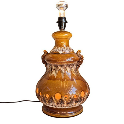 Große Karamell- und Creme-Emaille-Keramiklampe – Reliefdekor und Doppelbeleuchtung
