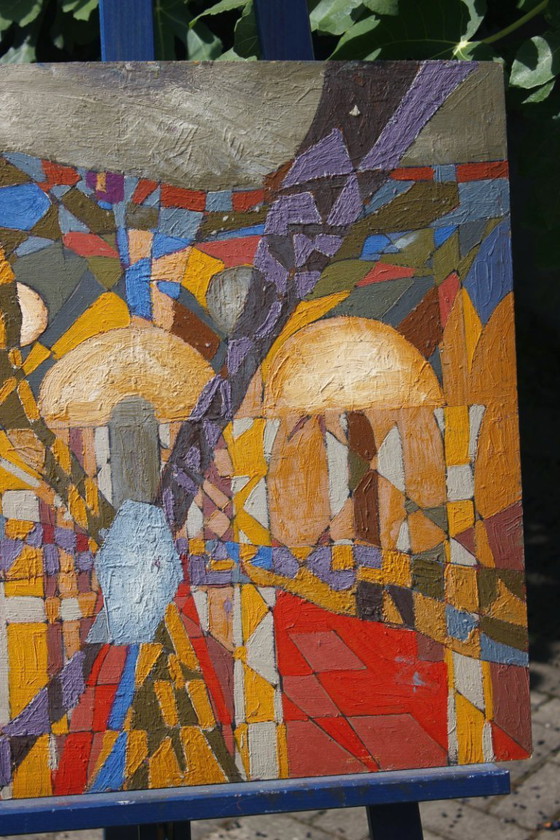 Image 1 of Jean Besnard (1922-2007) Huile sur carton abstraction géométrique Op Art 1981