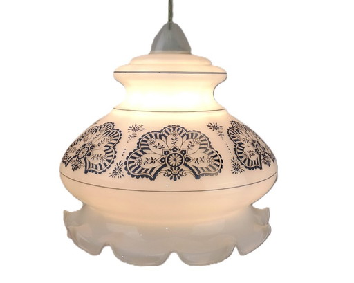 Mid Century Murano Pendant Light White Opaline Textured Engraved Glass Lantern 1950s