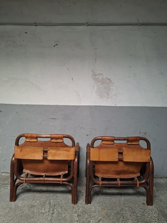 Image 1 of 2 poltrone safari in pelle e bambù di Tito Agnoli per Bonacina