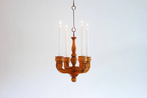 Image 1 of Bougeoir lustre suspendu rustique en bois de Smålandsslöjd, Suède, 1975
