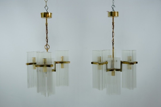 Image 1 of Coppia di lampadari in ottone e vetro di Gaetano Sciolari, Italia, anni '70