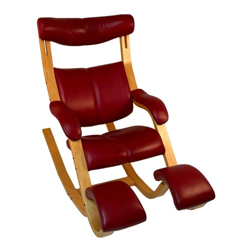 Peter Opsvik - Stokke - Gravity Balance (Design from 1991) Ergonomically Shaped Rocking Chair - Red Leather and Natural Frame