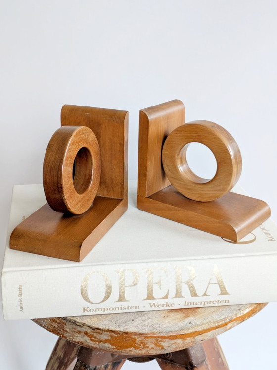 Image 1 of Midcentury Wooden Bookends Pair, Bauhaus Art Deco Style Hoop Design, Sculptural Shelf Decor