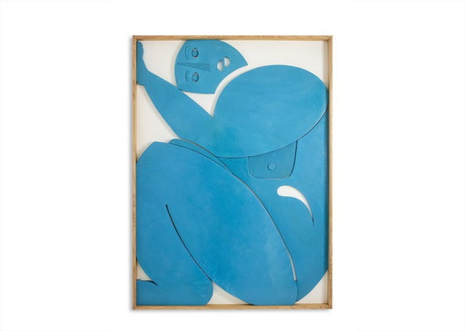 Bas-relief in blue lacquered wood. Contemporary work by a French artist.