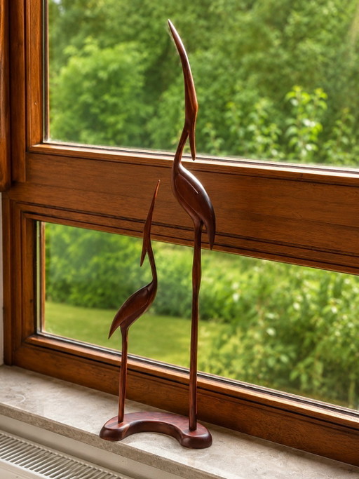 Deens design uit het midden van de 20e eeuw – Teakhouten kraanvogels, sculpturen van 72 en 46 cm