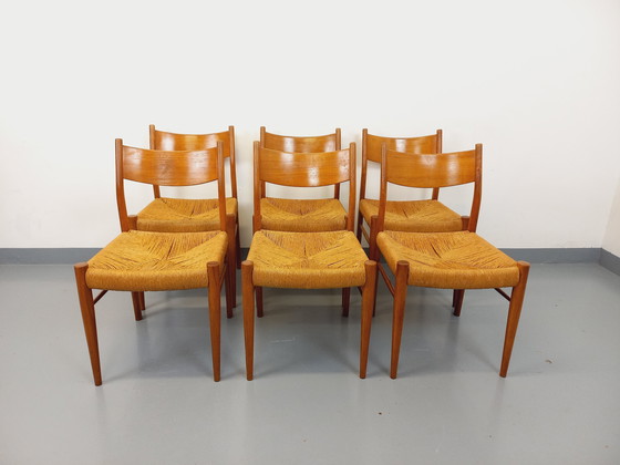 Image 1 of Suite de 6 chaises vintage italiennes en teck et corde danoise Gessef Consorzio Sedie Friuli