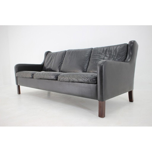 Vintage black leather 3-seater sofa, Denmark 1970