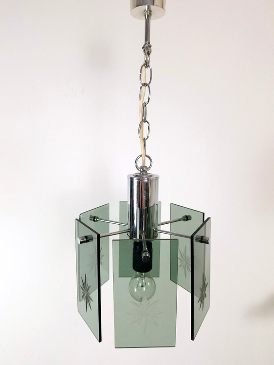 Image 1 of Mid-Century Modern Pendant Lamp, Made in Yugoslavia, EMI Poljčane, 1970s Modern Light, Green Smoked Glass, Space Age, Atomic Age