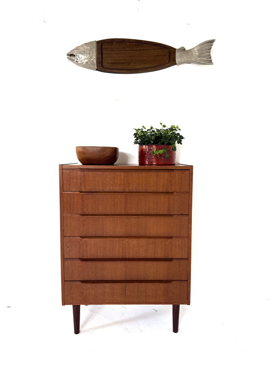 Image 1 of Planche à découper vintage en teck et argent, motif saumon et truite, années 60