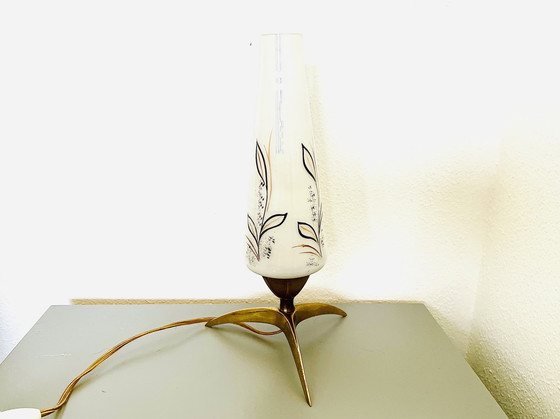 Image 1 of Space Age mid century modern brass tripod table lamp with opaline glass lampshade, 1950s