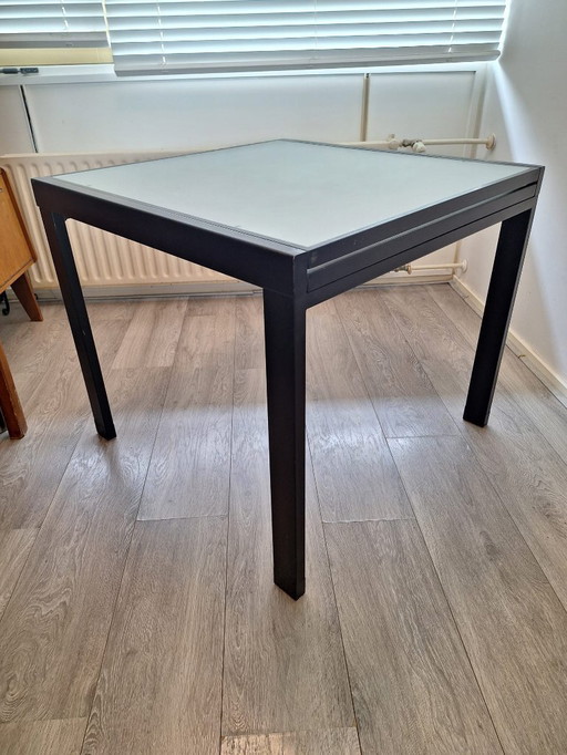 Italian metal glass table with extendable frosted glass top