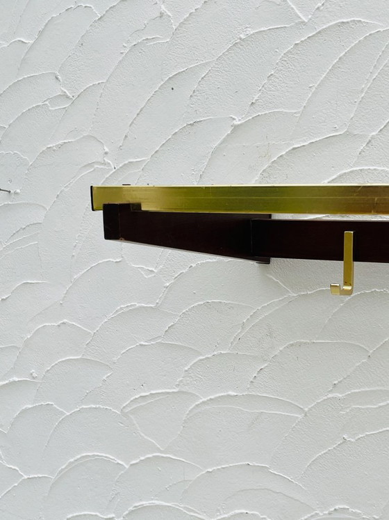 Image 1 of Vintage 1970s wooden and brass wall-mounted coat rack