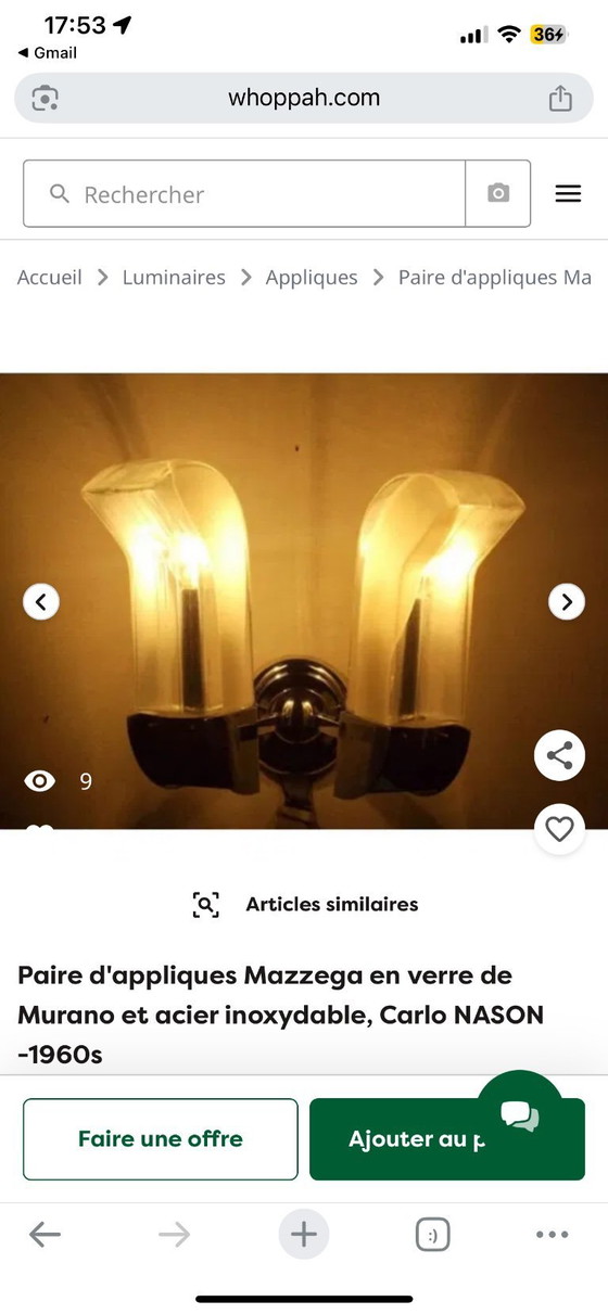 Image 1 of Pareja de apliques Mazzega cristal de murano , Italia años 70